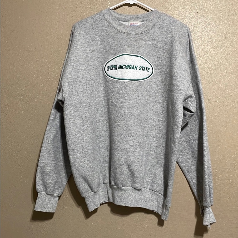 Vintage Michigan State Spartans Patch Gray Crewneck Pullover Sweatshirt Adult L